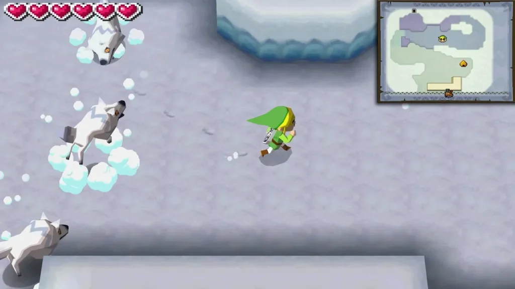 White Wolfos leap out of the snow in the Snow Realm as Link walks past White Wolfos leap out of the snow in the Snow Realm as Link walks past