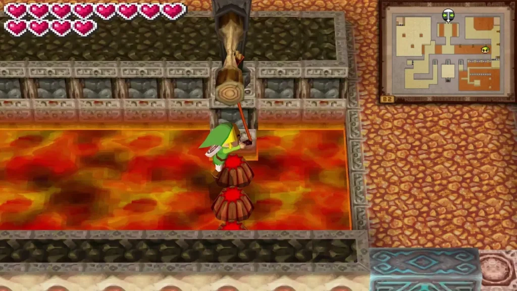 Red Winder segments rise from the lava of the Fire Temple, with Link on a log above them Red Winder segments rise from the lava of the Fire Temple, with Link on a log above them