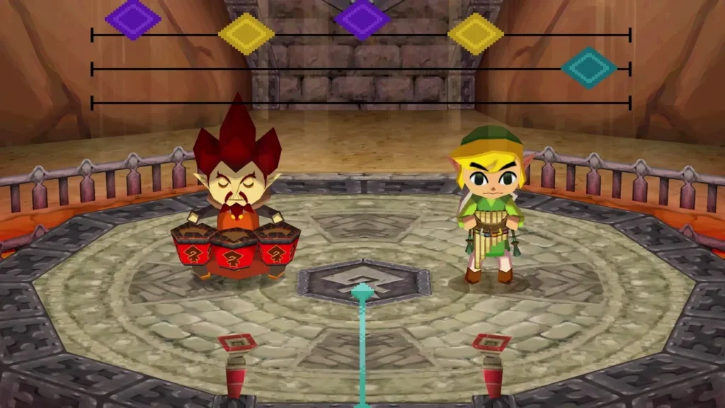 Link and Embrose practicing the Fire Sanctuary duet with rhythm bars shown Link and Embrose practicing the Fire Sanctuary duet with rhythm bars shown