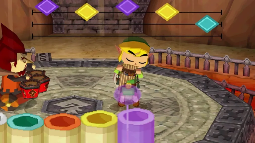 Link stepping onto a purple pipe while echoing Embrose's phrase in the Fire Sanctuary duet Link stepping onto a purple pipe while echoing Embrose's phrase in the Fire Sanctuary duet