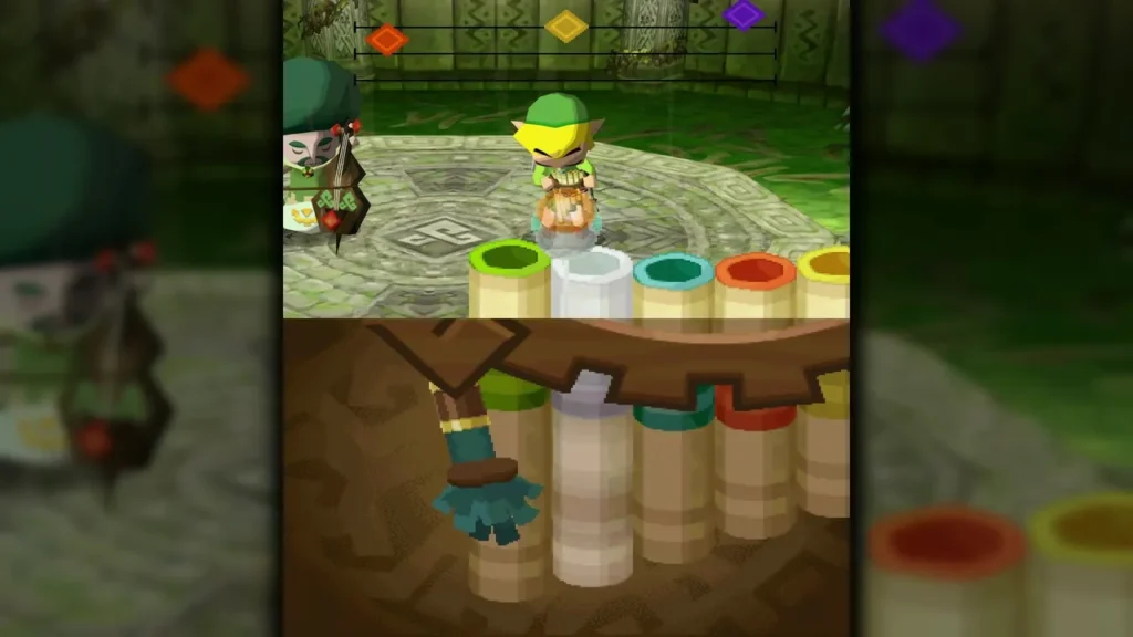 Link sliding the Spirit Flute along the touch-screen pipes during Gage's lesson in the Forest Sanctuary Link sliding the Spirit Flute along the touch-screen pipes during Gage's lesson in the Forest Sanctuary