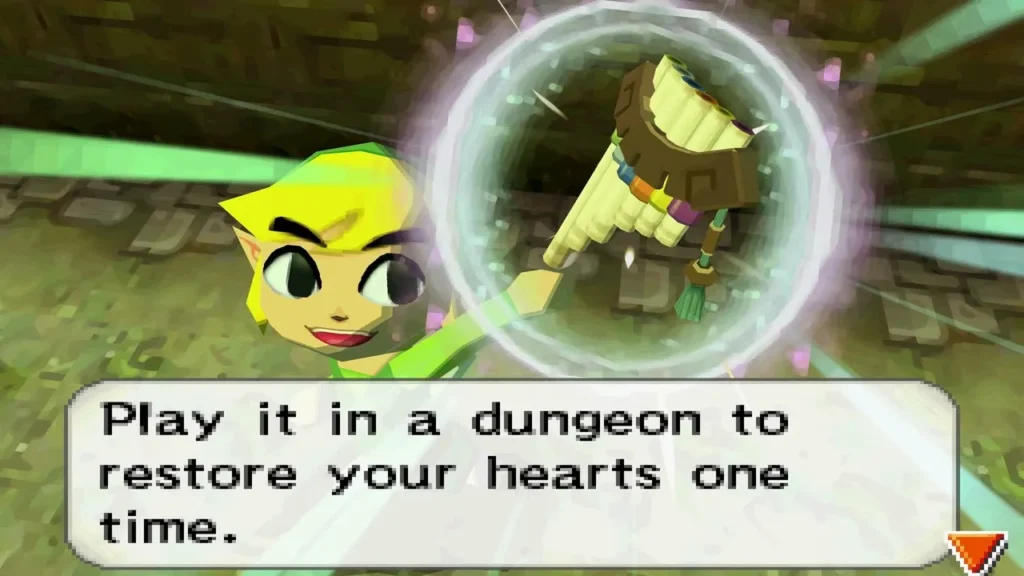 Dialogue box reading Play it in a dungeon to restore your hearts one time, with the Song of Healing flute Dialogue box reading Play it in a dungeon to restore your hearts one time, with the Song of Healing flute