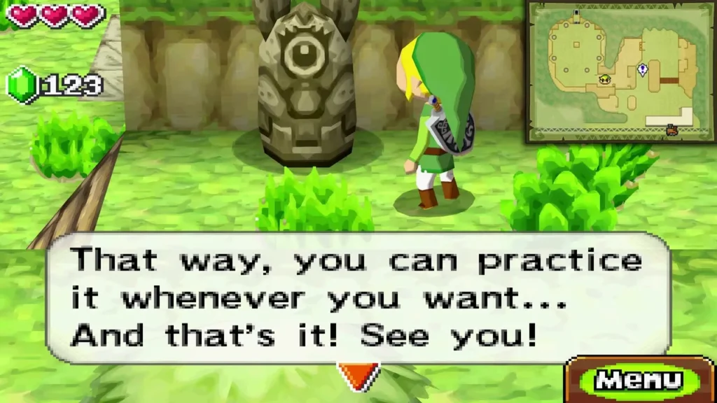 Link beside a stone shrine in the Lost Woods after the Lokomo lesson Link beside a stone shrine in the Lost Woods after the Lokomo lesson