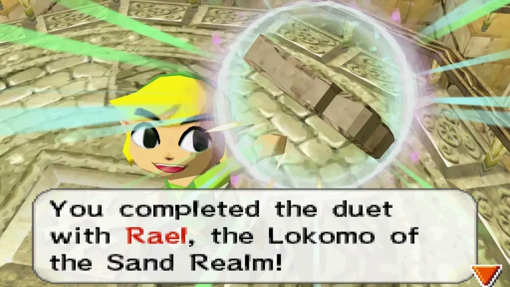 Link completing the duet with Rael, the Lokomo of the Sand Realm Link completing the duet with Rael, the Lokomo of the Sand Realm