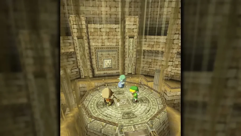 Link and Rael standing on the round platform of the Sand Sanctuary Link and Rael standing on the round platform of the Sand Sanctuary