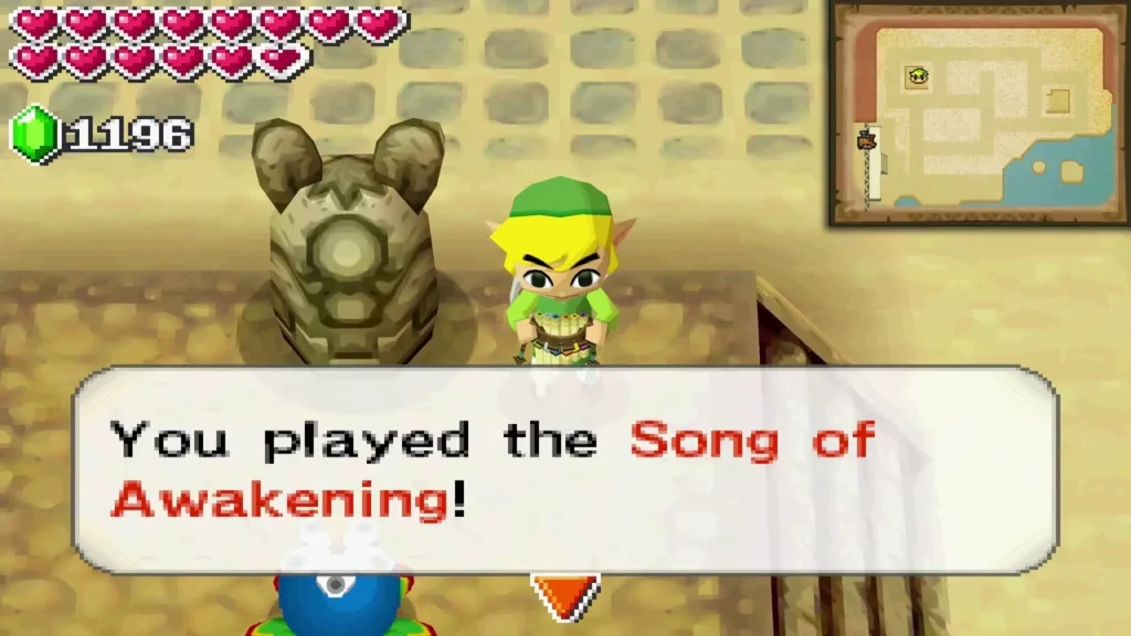 Link playing the Song of Awakening beside a stone statue in the Sand Realm, with the message confirming it Link playing the Song of Awakening beside a stone statue in the Sand Realm, with the message confirming it
