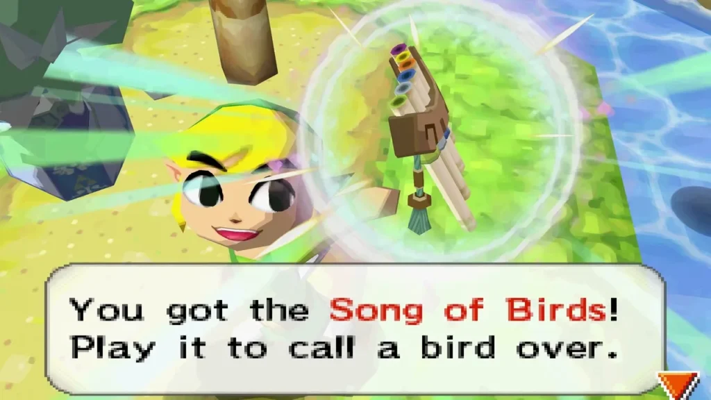 Link holding up the Song of Birds flute beside a lonely palm tree Link holding up the Song of Birds flute beside a lonely palm tree