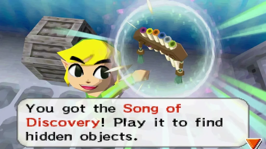 Link holding up the Song of Discovery flute beside a wooden chest Link holding up the Song of Discovery flute beside a wooden chest