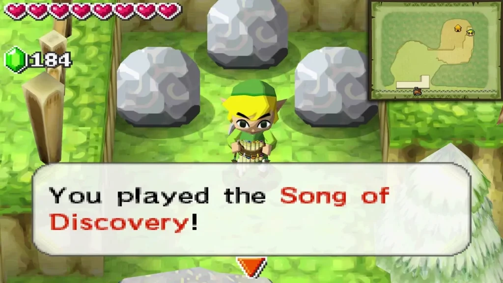 Link playing the Song of Discovery between three grey boulders, with the message box confirming it Link playing the Song of Discovery between three grey boulders, with the message box confirming it