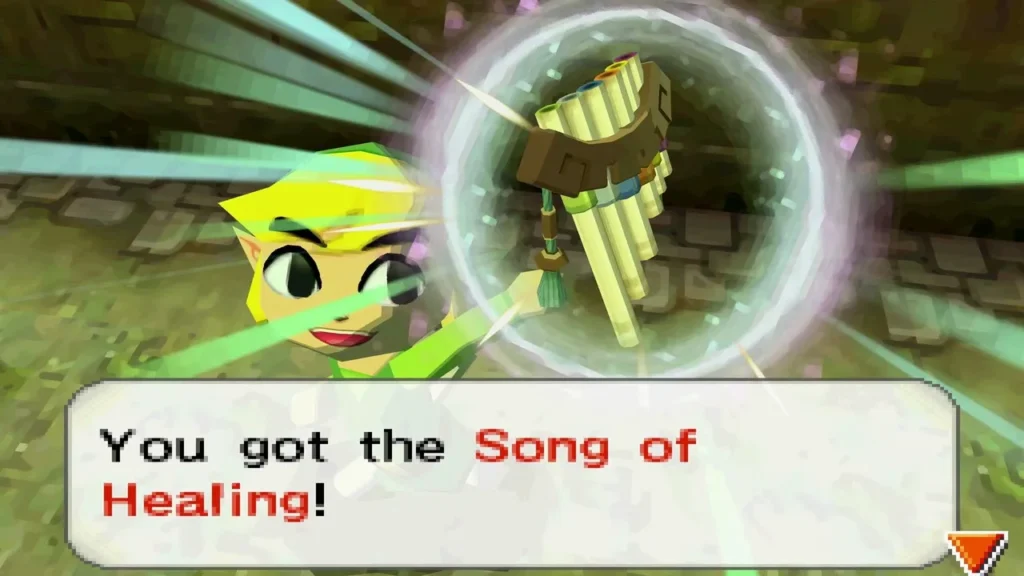 Link holding up the Song of Healing flute at the Forest Temple entrance Link holding up the Song of Healing flute at the Forest Temple entrance
