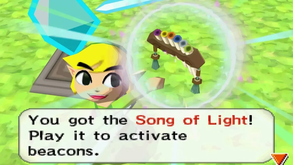 Link holding up the Song of Light flute beside a beacon pedestal Link holding up the Song of Light flute beside a beacon pedestal