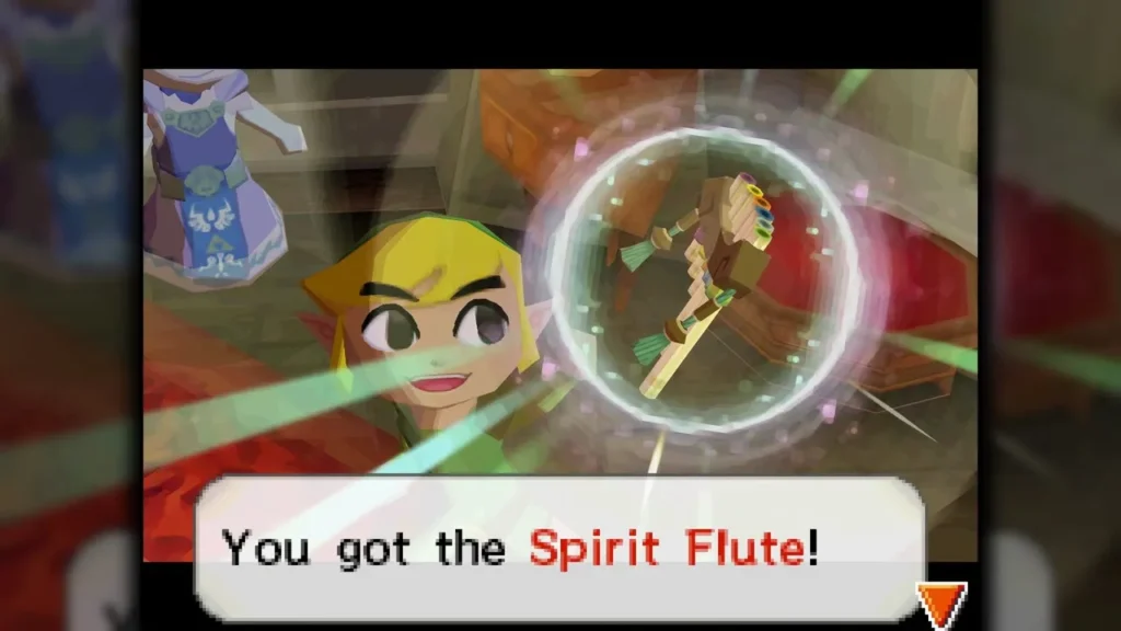 Link receiving the Spirit Flute in Hyrule Castle, with the item box reading You got the Spirit Flute! Link receiving the Spirit Flute in Hyrule Castle, with the item box reading You got the Spirit Flute!