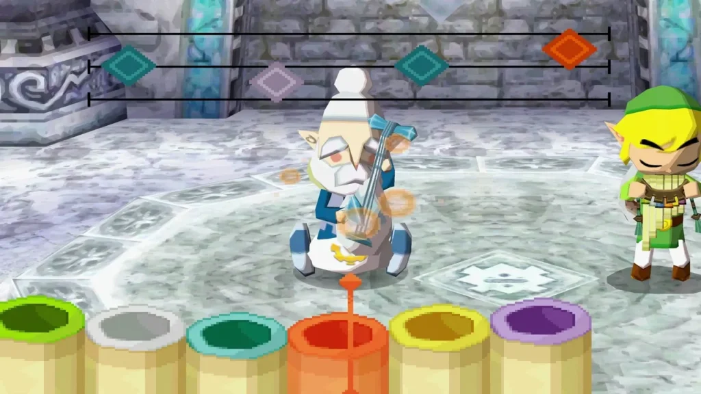 Link echoing Steem's phrase on the colored pipes of the Snow Sanctuary duet Link echoing Steem's phrase on the colored pipes of the Snow Sanctuary duet