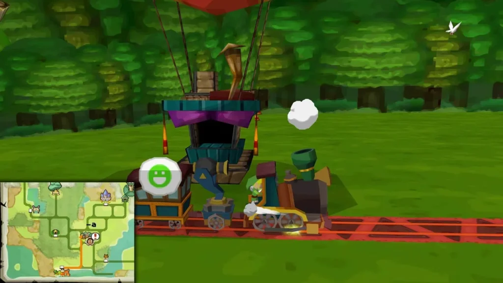 Link's train parked beside Beedle's hot-air balloon shop in the Forest Realm