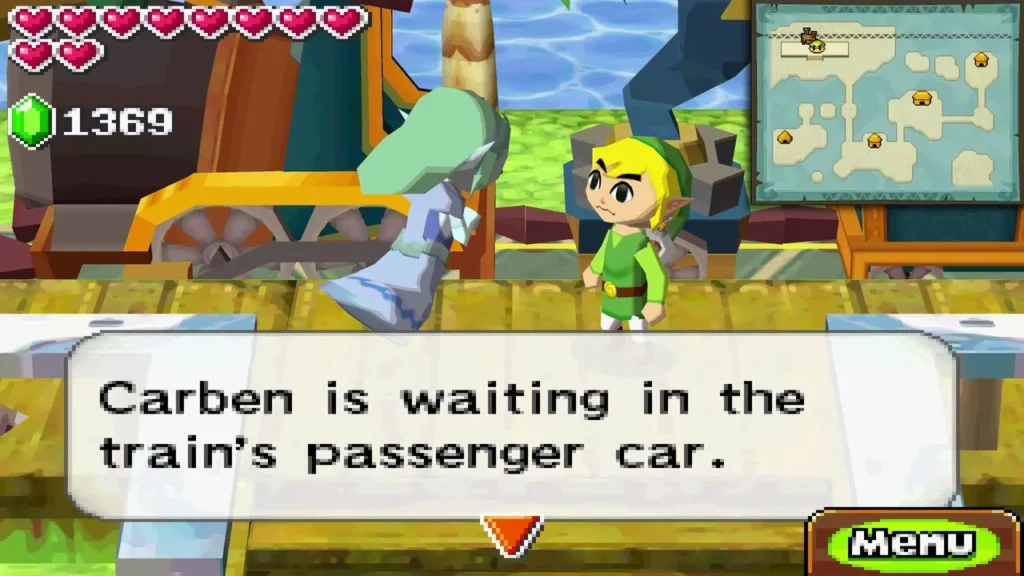 Link beside the passenger car as a box says Carben is waiting in the train's passenger car