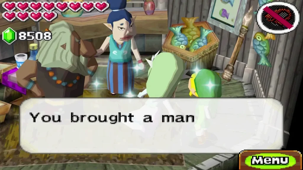 Link brings Dovok into the house of Orca, the blue-haired woman standing beside a basket of fish