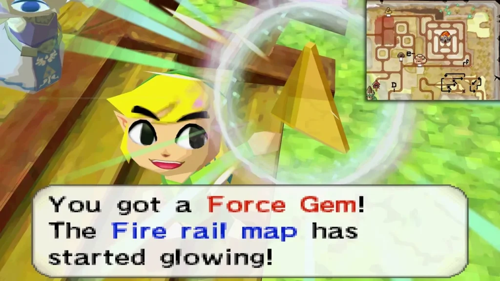 Link holding up a Force Gem as the Fire rail map starts glowing