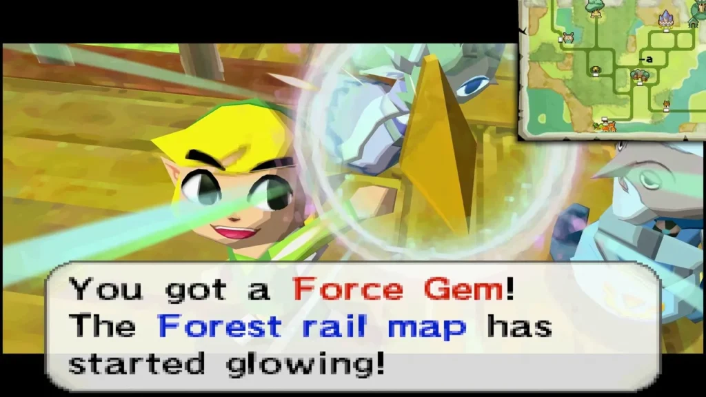Link holding up a Force Gem as the Forest rail map starts glowing