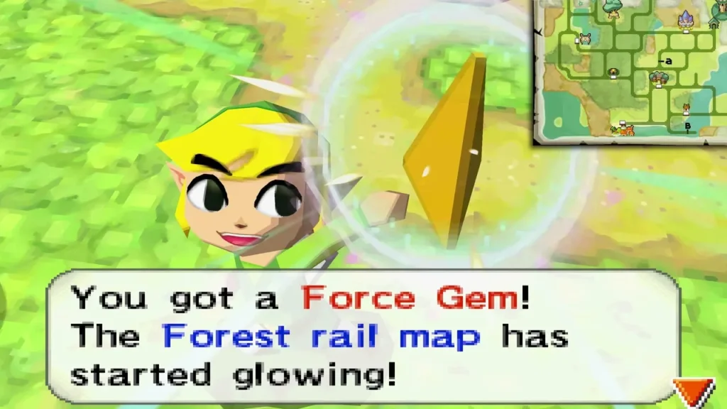 Link holding up a Force Gem as the Forest rail map starts glowing