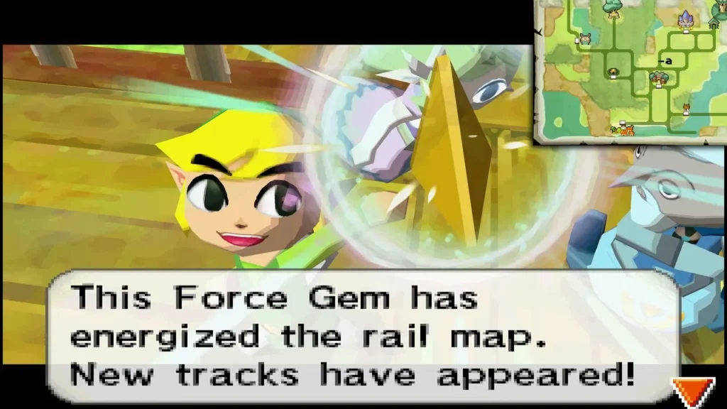 Link energizing the rail map with the Force Gem as new tracks appear