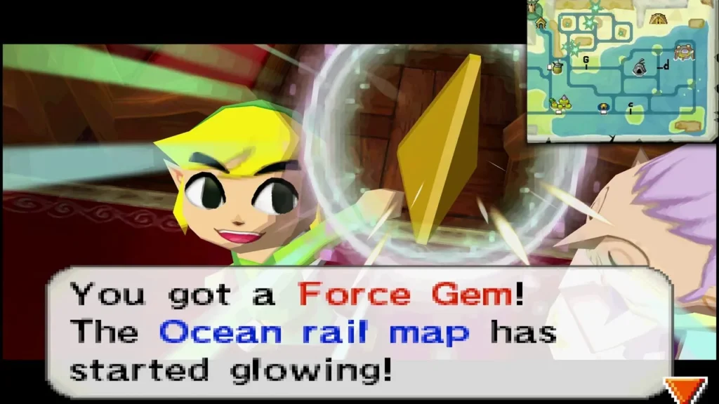 Link holding up the Force Gem in the train car as the Ocean rail map starts glowing