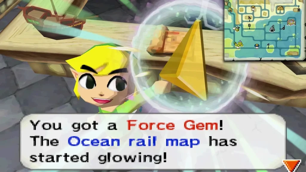 Link holding up a Force Gem as the Ocean rail map starts glowing