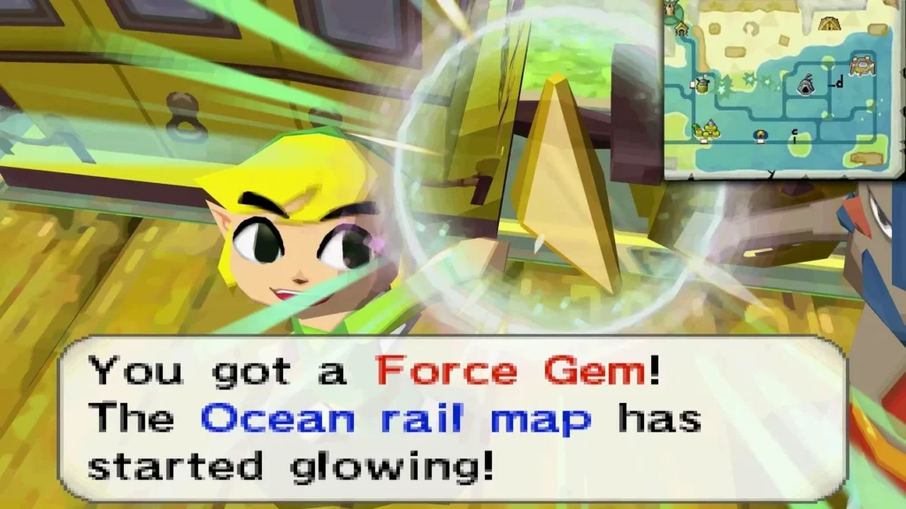 Link holding up a Force Gem in the train as the Ocean rail map starts glowing