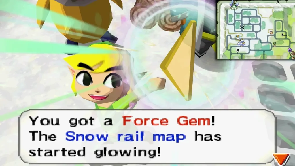 Link holding up a Force Gem as the Snow rail map starts glowing