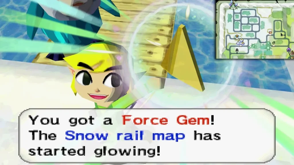 Link holds up a Force Gem as the Snow rail map starts glowing