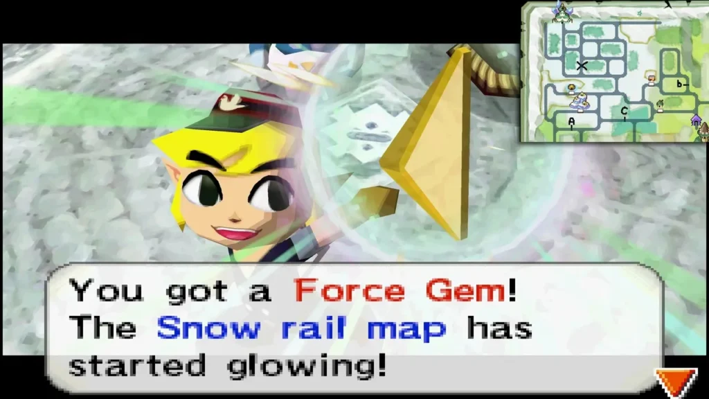 Link holding up a Force Gem as the Snow rail map starts glowing
