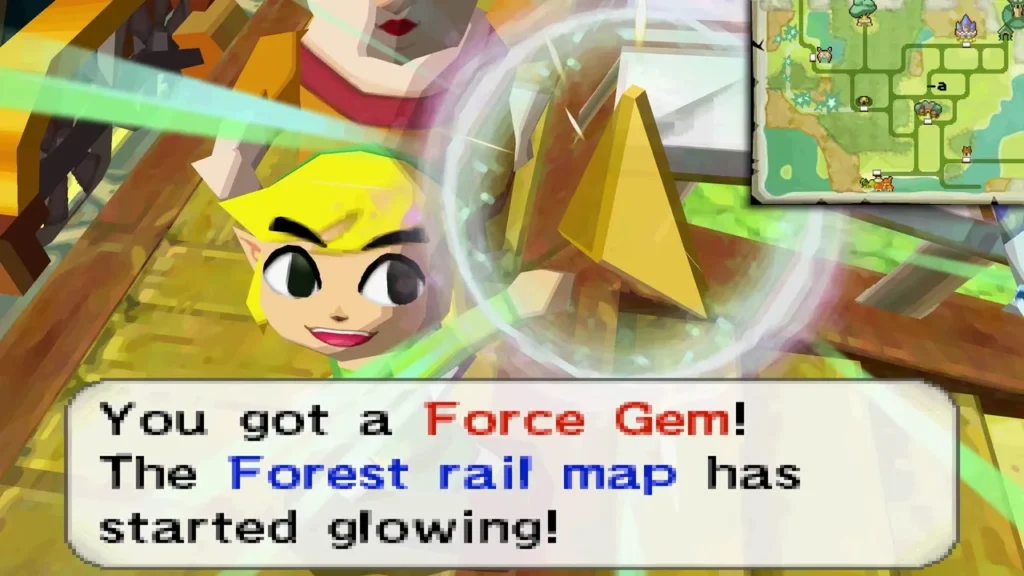 Link holding up a Force Gem as the box says the Forest rail map has started glowing