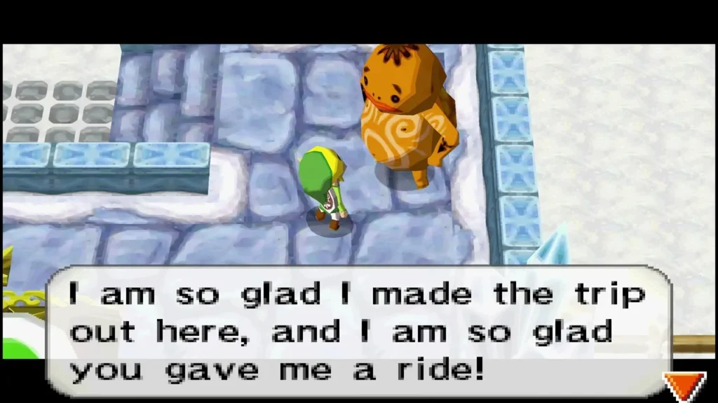 A Goron in the icy Snow Realm thanks Link for giving him a ride out there