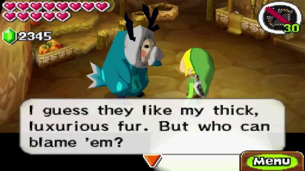 Kofu, the teal horned Anouki passenger, talking with Link about his thick, luxurious fur