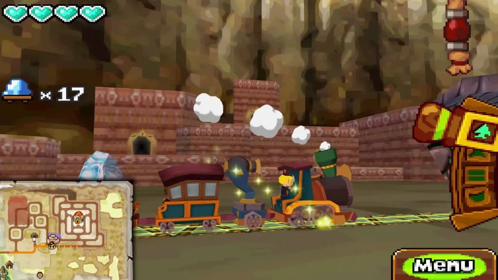 Spirit Train with its freight car of Mega Ice rolling into Goron Village past the red stone walls