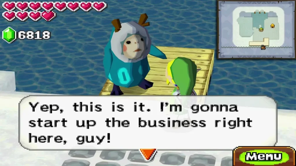Noko, the teal Anouki, on the Snow Realm dock saying he will start his business here