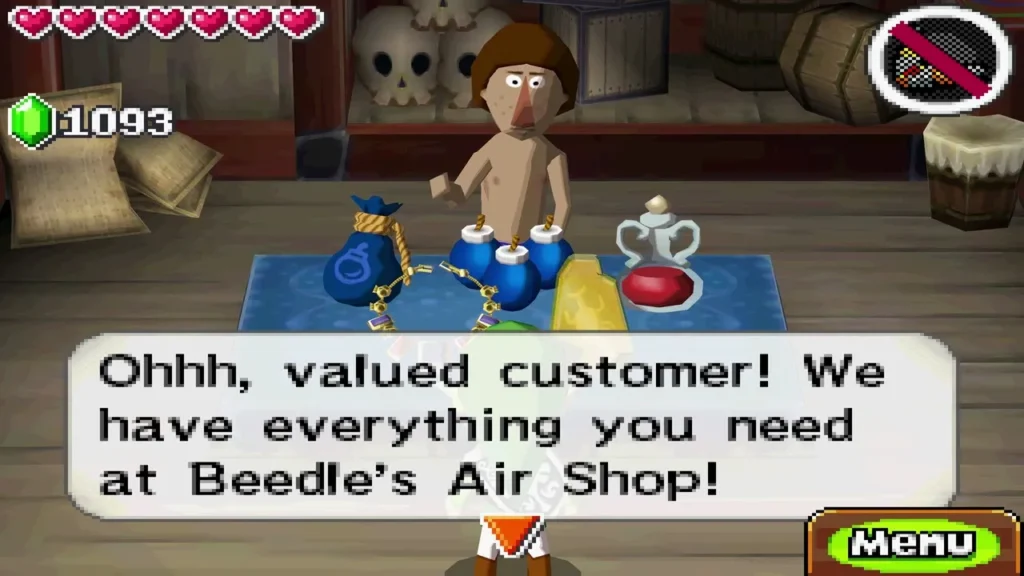 Beedle's shopkeeper greeting Link in his Air Shop with the line Ohhh, valued customer! Beedle's shopkeeper greeting Link in his Air Shop with the line Ohhh, valued customer!