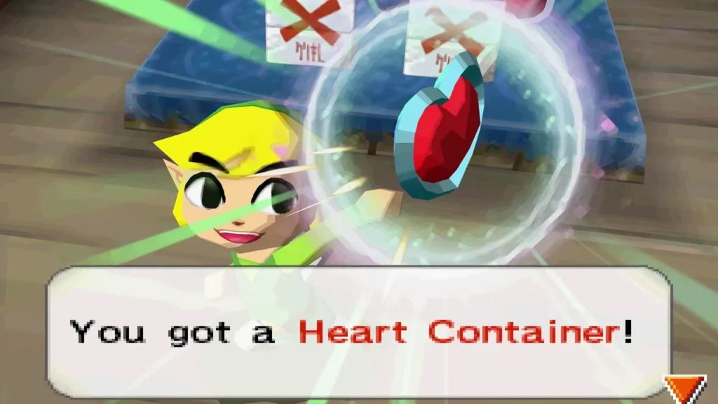 Link beside a Heart Container at Beedle's Air Shop, with the box reading You got a Heart Container! Link beside a Heart Container at Beedle's Air Shop, with the box reading You got a Heart Container!
