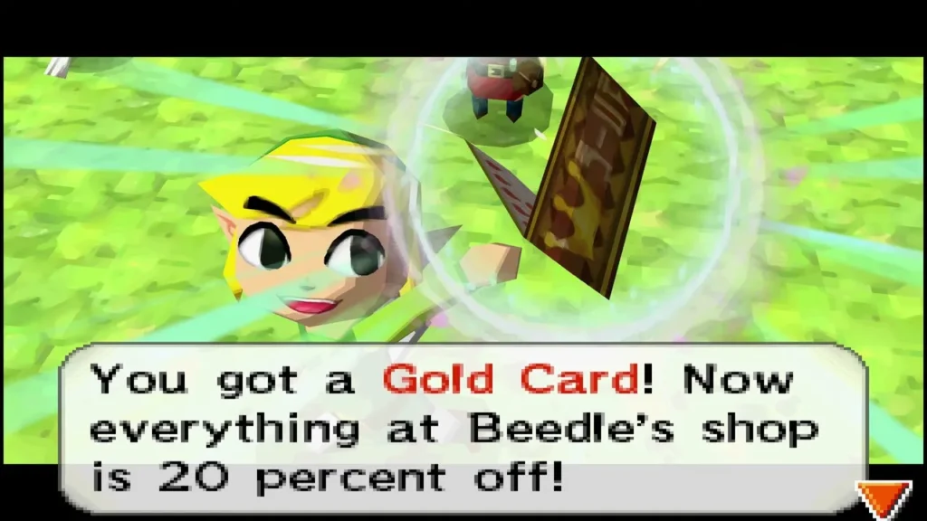Link on a grass field with the box reading You got a Gold Card! Now everything at Beedle's shop is 20 percent off! Link on a grass field with the box reading You got a Gold Card! Now everything at Beedle's shop is 20 percent off!