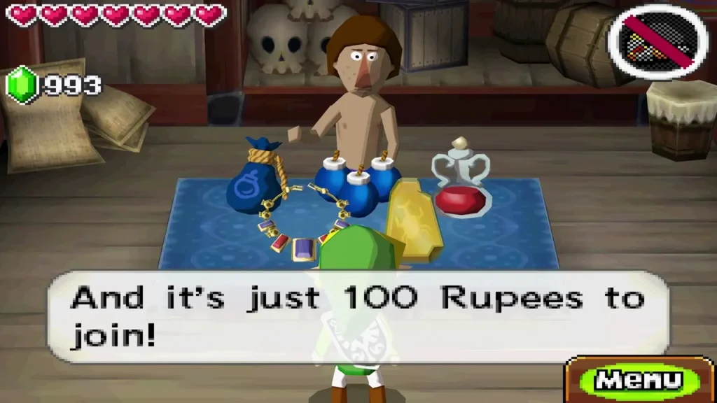 Beedle telling Link that joining his Members' Club costs 100 Rupees Beedle telling Link that joining his Members' Club costs 100 Rupees