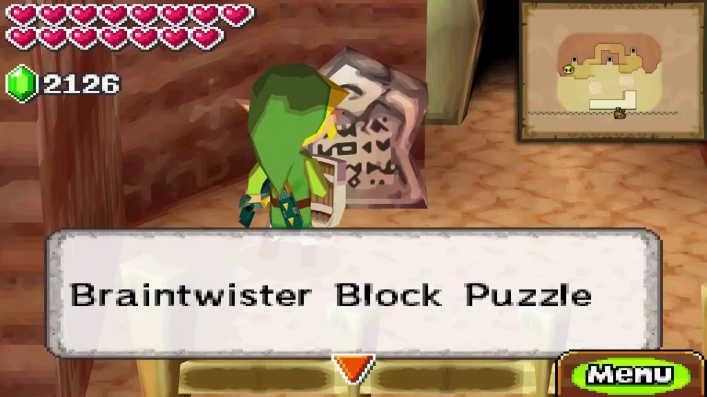 The name Braintwister Block Puzzle appears above Link as he enters the block-pushing room The name Braintwister Block Puzzle appears above Link as he enters the block-pushing room
