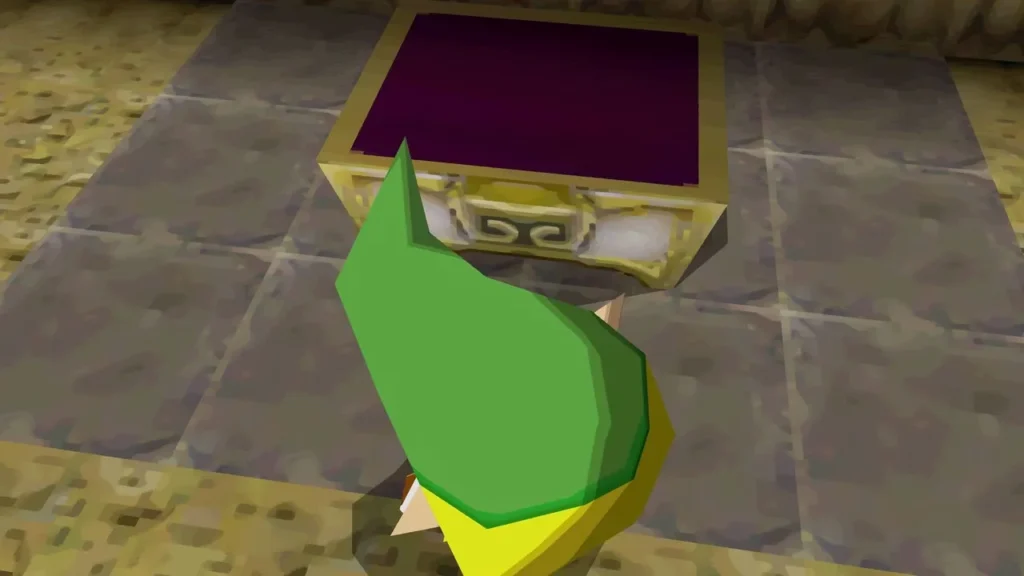 Link standing at the open chest in the Braintwister room Link standing at the open chest in the Braintwister room