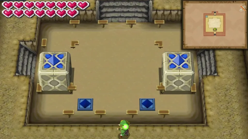 Link at the entrance of the Braintwister block room with the blue-marked blocks in place Link at the entrance of the Braintwister block room with the blue-marked blocks in place