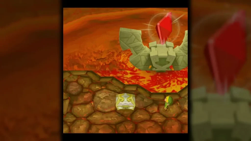 The red Force Gem glowing atop the Fire Temple statue beside the lava pool, with the chest on the floor below The red Force Gem glowing atop the Fire Temple statue beside the lava pool, with the chest on the floor below
