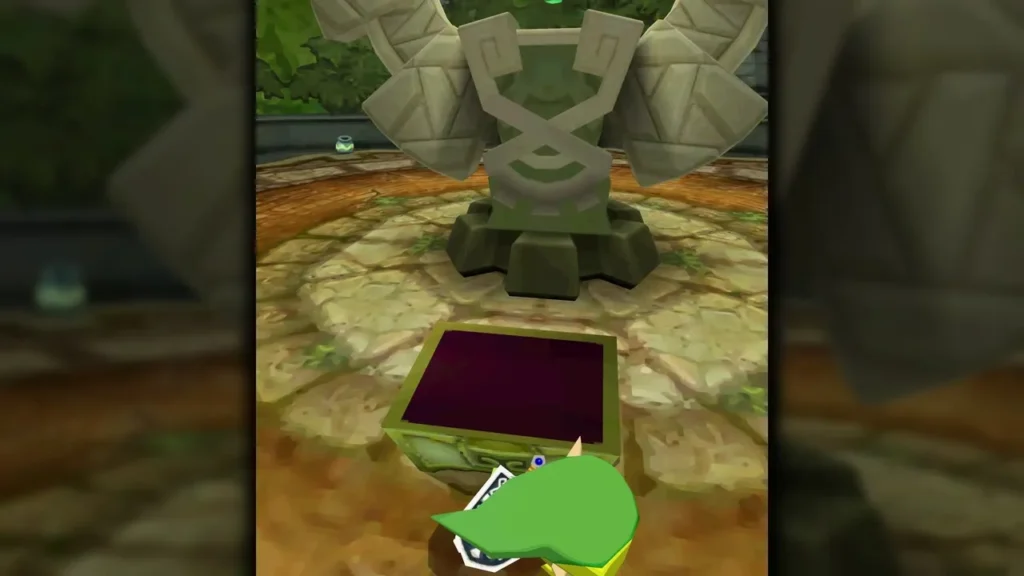 Link beside the open chest on the Forest Temple boss plaza in front of the statue Link beside the open chest on the Forest Temple boss plaza in front of the statue