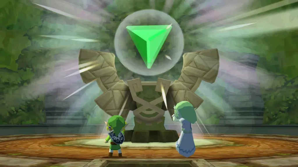 The green Force Gem glowing above the Forest Temple statue with Link and the spirit standing before it The green Force Gem glowing above the Forest Temple statue with Link and the spirit standing before it