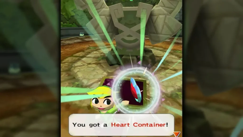 Link holding up a Heart Container on the Forest Temple boss plaza after the chest opens Link holding up a Heart Container on the Forest Temple boss plaza after the chest opens