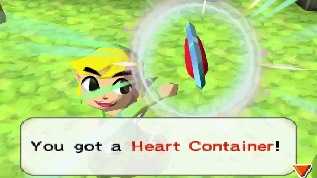 Link beside a Heart Container in the Pirate Hideout grass, with the box reading You got a Heart Container! Link beside a Heart Container in the Pirate Hideout grass, with the box reading You got a Heart Container!
