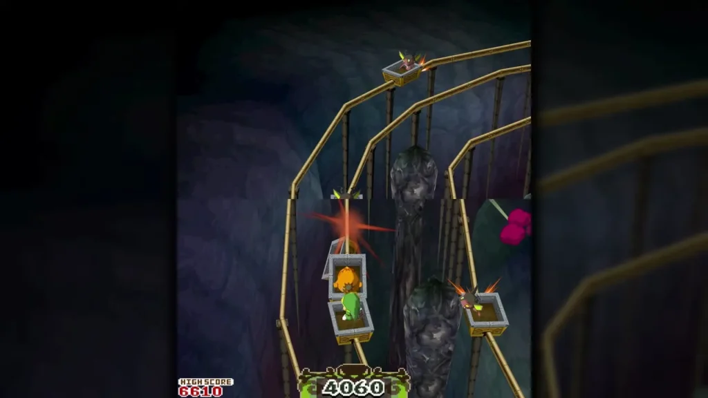 Link shooting pirate Miniblins from the rope cage in the Pirate Hideout, with the score at 4060 Link shooting pirate Miniblins from the rope cage in the Pirate Hideout, with the score at 4060
