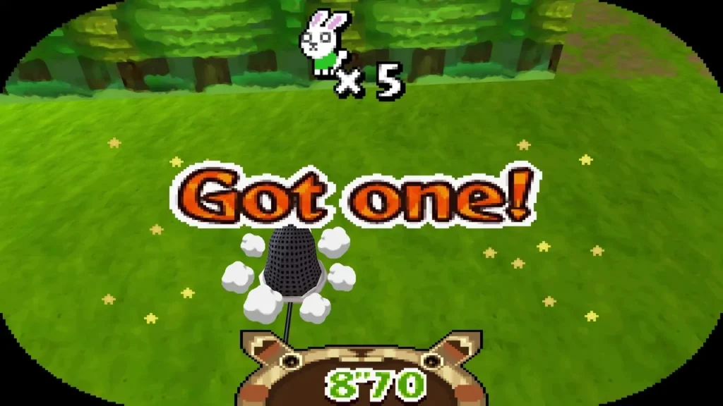 The Got one! message as Link catches a rabbit with the Rabbit Net, with the rabbit count at five The Got one! message as Link catches a rabbit with the Rabbit Net, with the rabbit count at five