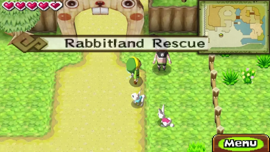 The Rabbitland Rescue title card over the gate with Link and rabbits on the path The Rabbitland Rescue title card over the gate with Link and rabbits on the path